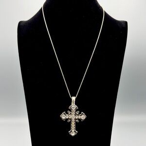 Silver-Tone Rhinestone Cross Pendant Necklace | 17” + 3” Extender